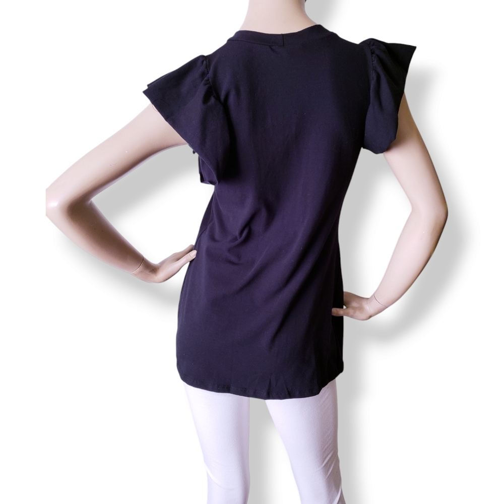 Black Graphic Print Ribbon Tee with Ruffle Flutter Sleeves - Picture 5 of 8